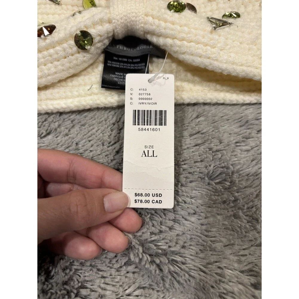 Anthropologie Head Warmer Crystal Embellished Ivory 4 In Width NWT